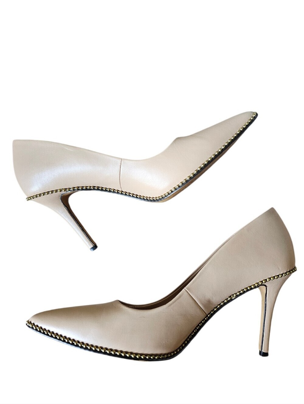 Coach Leather Classic Pointed-Toe Stiletto Pumps in Nude with Chain Trim Size 9